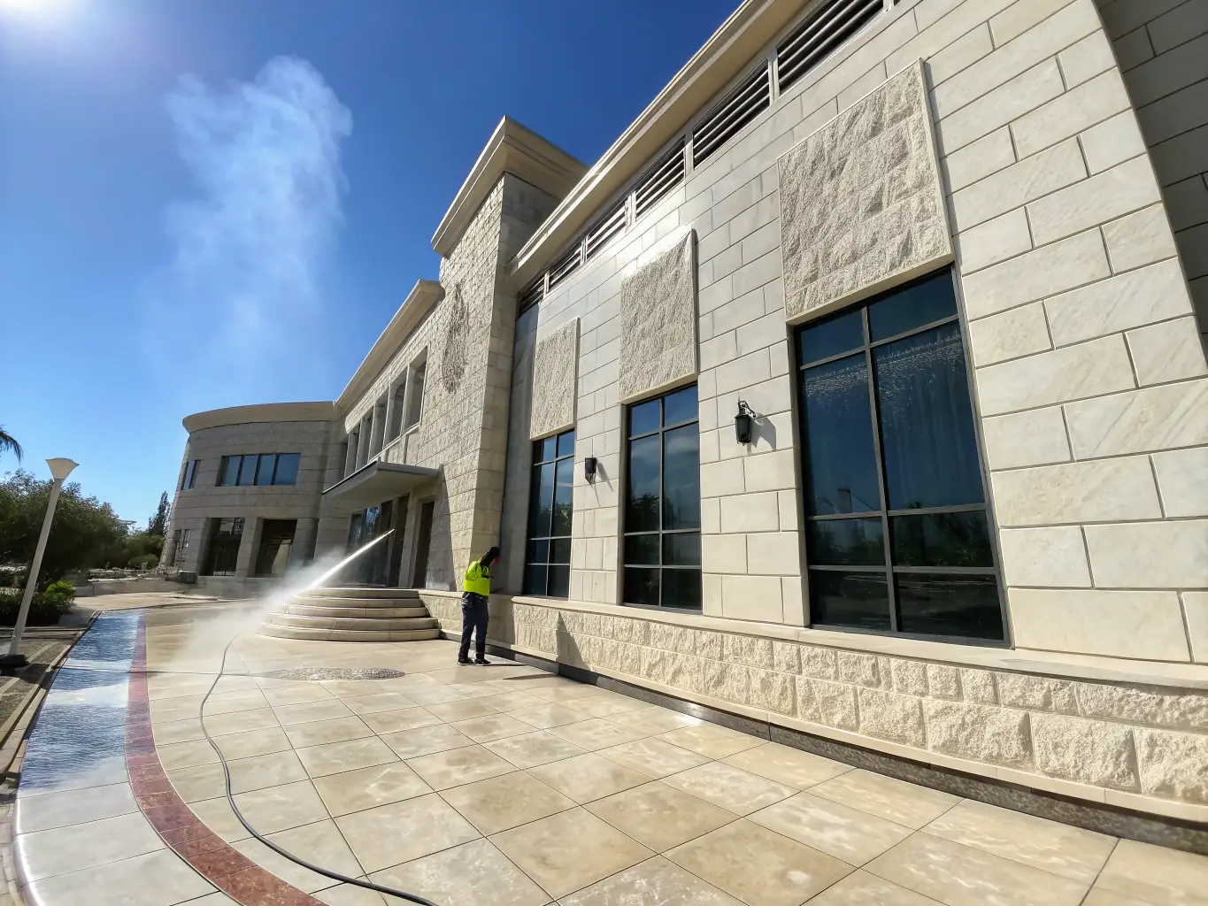 A wide shot of a freshly cleaned building facade after KMP Servis's steam cleaning and impregnation services, showcasing its restored appearance and protected state.