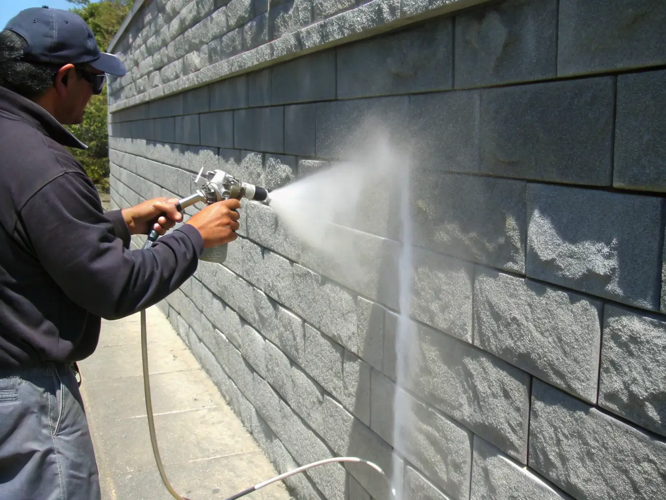 A close-up image of a technician applying impregnation to a stone facade, with a focus on the spray and protected surface.