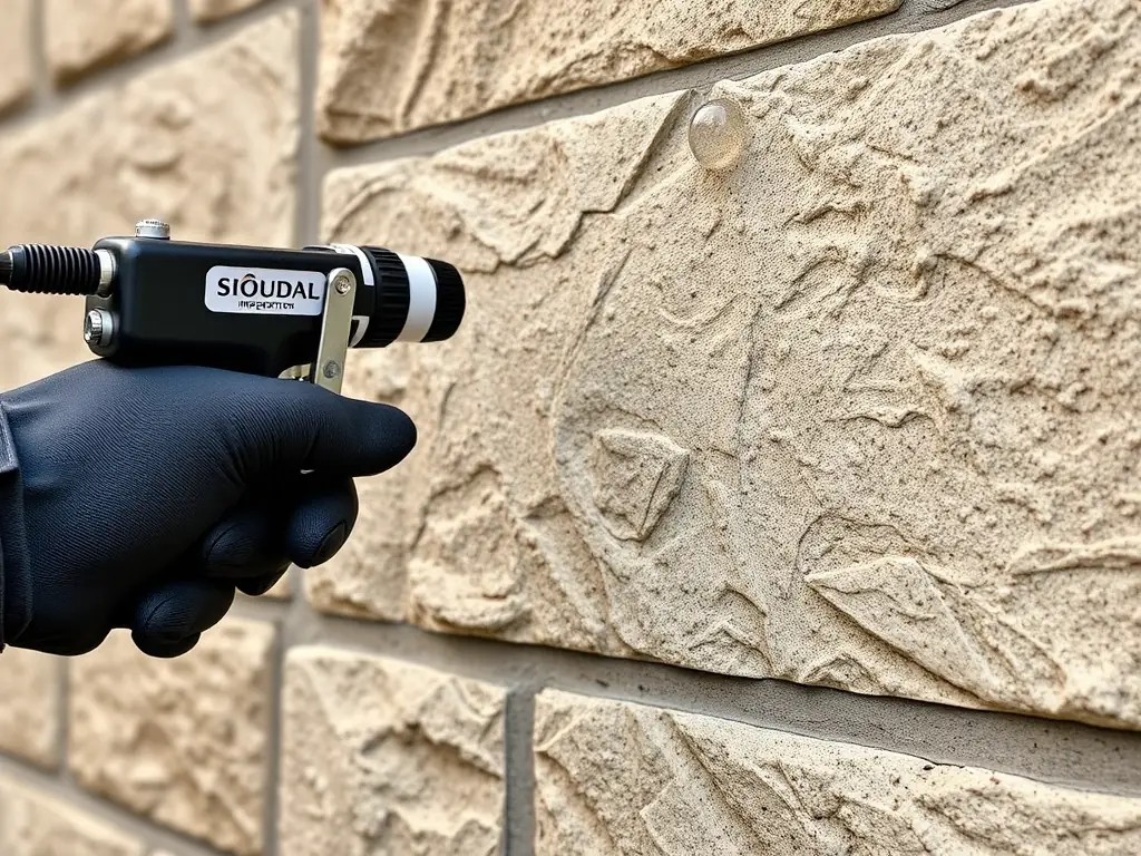 A close-up shot of a technician applying Soudal impregnation to a stone facade, highlighting the protective layer being formed and the enhanced appearance of the stone.