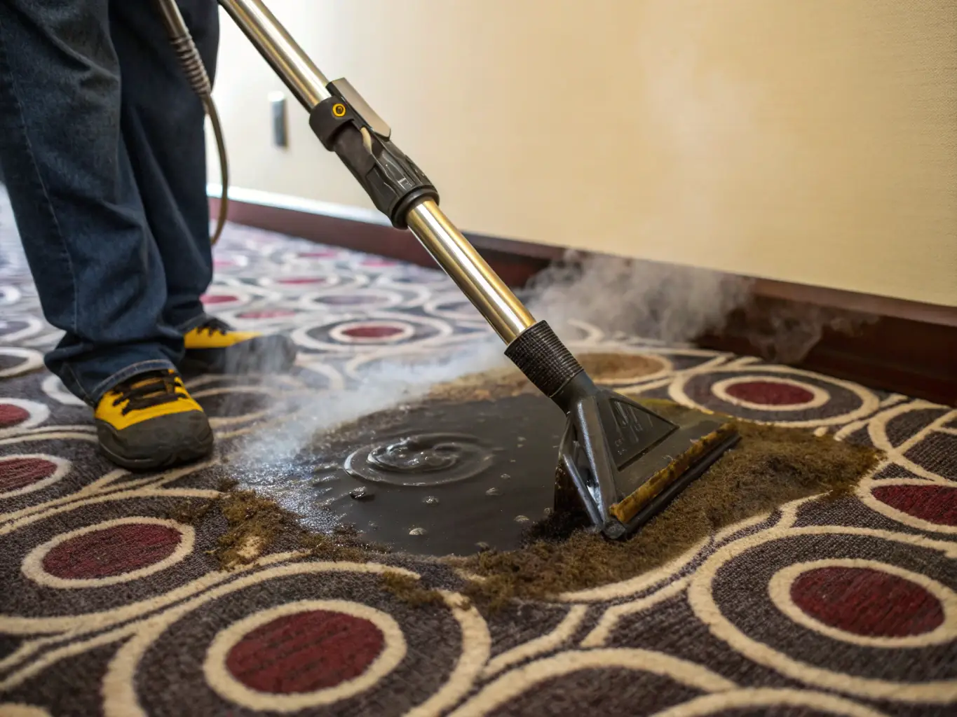A Kärcher steam cleaner in action, removing dirt from a tiled surface. The scene is well-lit, showcasing the effectiveness of the steam cleaning process.