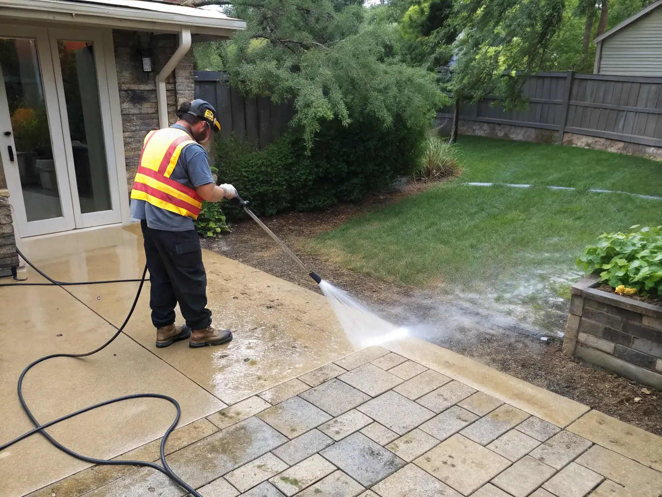A professional cleaning team using a Kärcher steam cleaner on a tiled terrace, removing dirt and grime, with a focus on the clean, revitalized surface.