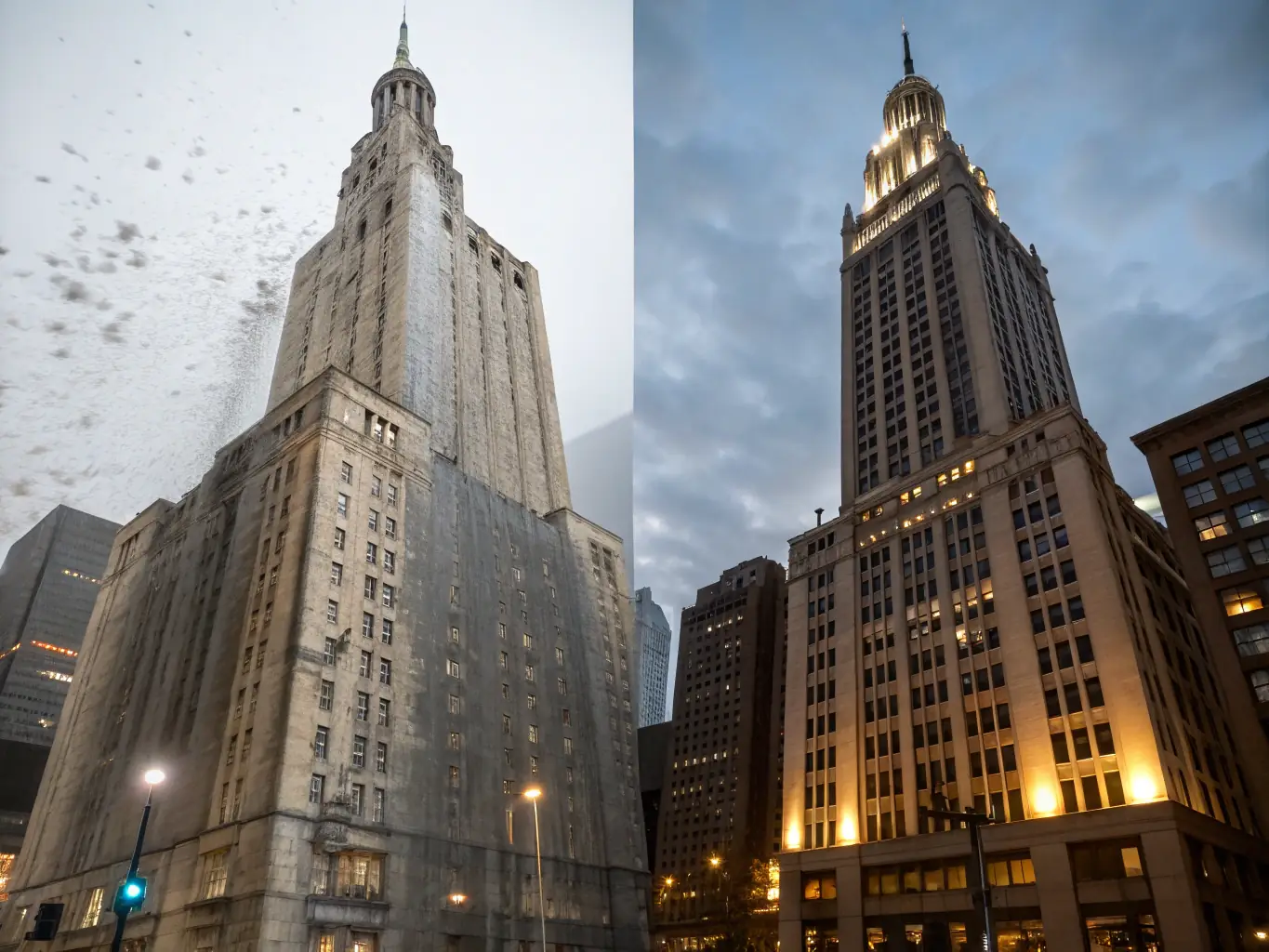 A before-and-after shot of a building facade, showcasing the dramatic difference after KMP Servis's cleaning and impregnation services, with a focus on the restored color and cleanliness.